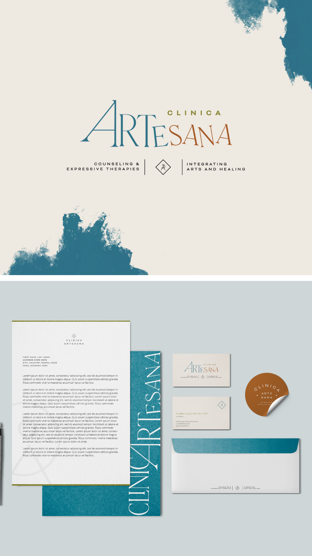 Primary logo for Clinica Artesana as well as a mockup of their letterhead and stationery