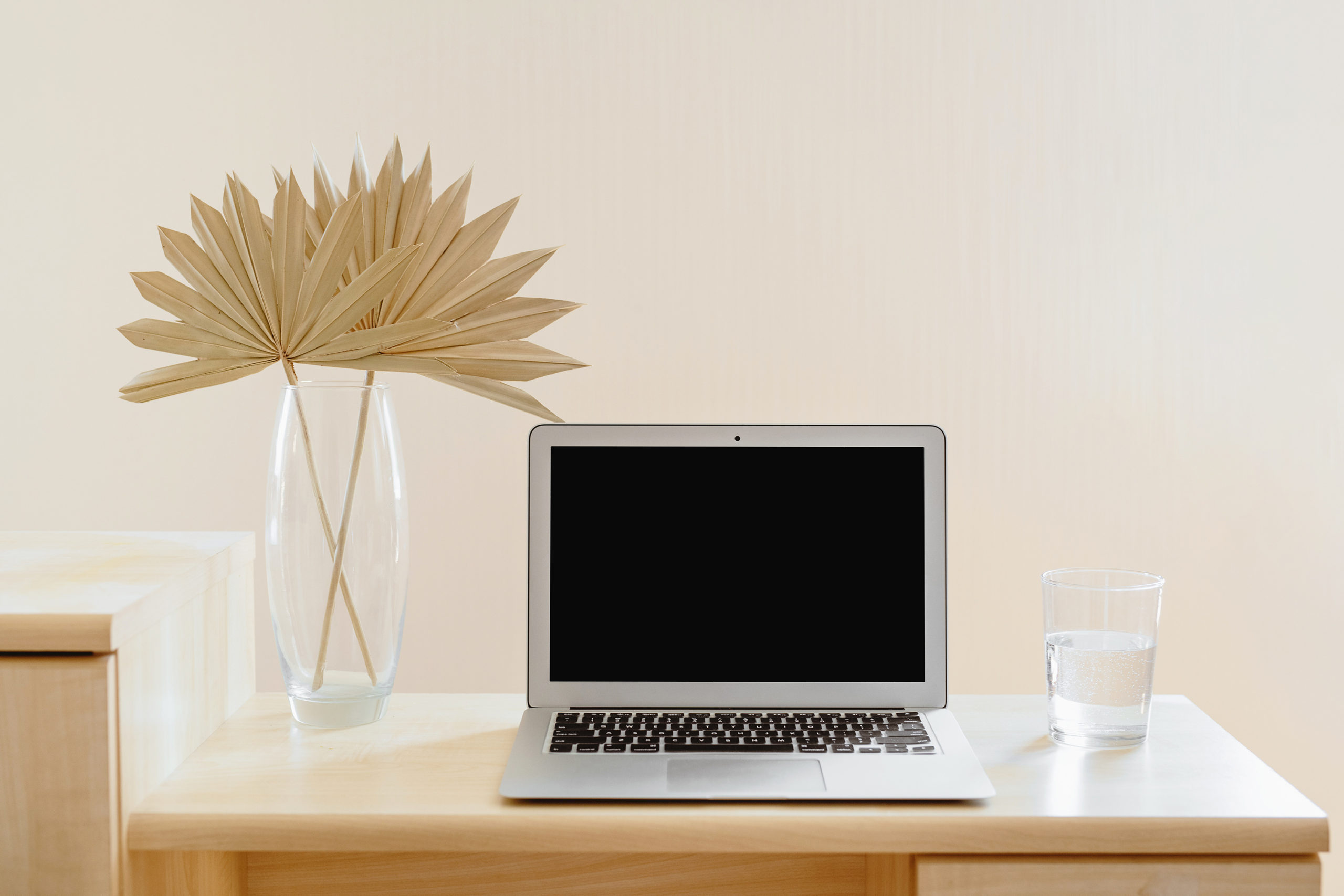 apple laptop on desk with boho decor